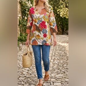 Dolma boho chic floral bird tunic, split v-neck, cotton, 3/4 sleeves, beach M